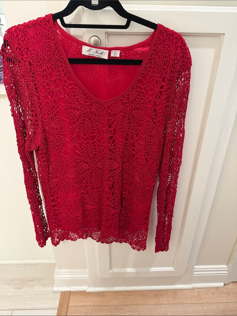 M. Nicole Evening Red Crochet Lined Scoop-Neck Long Sleeve Sweater